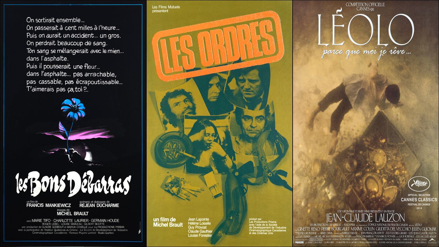 3 affiches des films Les bons débarras, Les ordres et Léolo, films qui ont été restaurés qui se retrouvent dans le catalogue d'Éléphant : mémoire du cinéma québécois